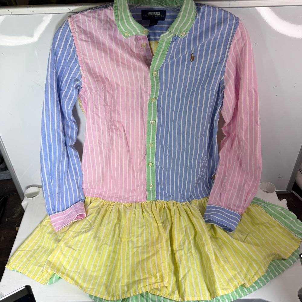 Ralph Lauren Girls Colorblock Striped Button Down Shirt Dress Size 16